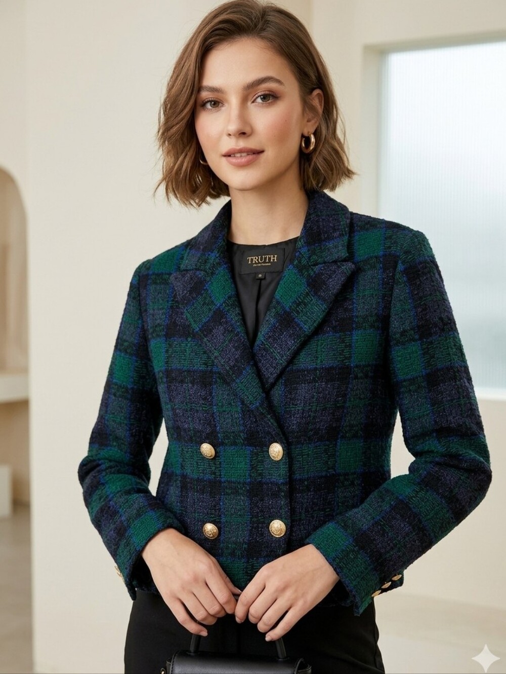 Truth By Republic Plaid Tweed Double-Breasted Blazer, Size 6